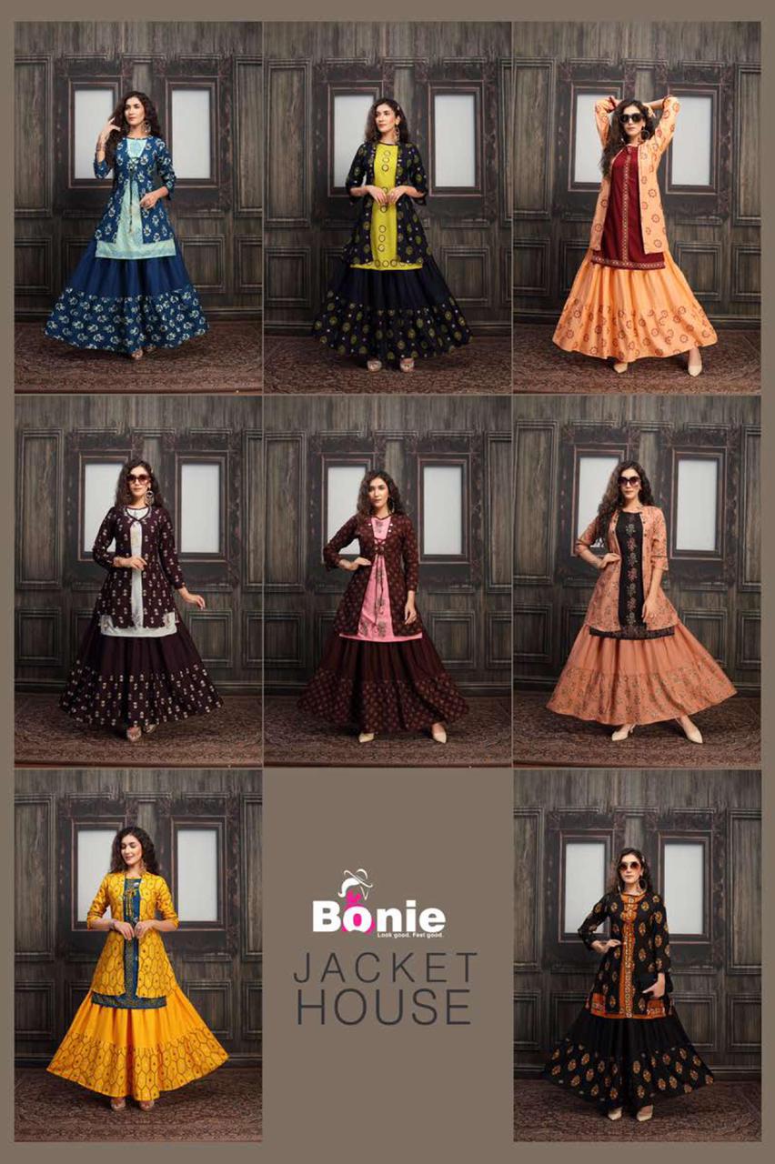 Bonie Jacket House Fancy Party Wear Jacket With Skirt rayon Printed Kurtis Collection
